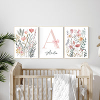 Personalized Floral Nursery Art Set: Baby Girl Room Decor with Pink Bow