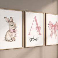Bunny Name Nursery Wall Art Set - Pink Bow Baby Girl Room Decor - Personalized Initial Print for Nursery