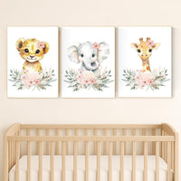 Safari Nursery Prints: Blush Pink Lion, Elephant, Giraffe Wall Art