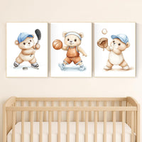 Sports Bear Nursery Wall Art Set | Hockey Basketball Baseball Prints | Boy Room Decor | Sport-Themed Baby Room Art | Kids Wall Decor