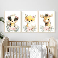 Floral Woodland Nursery Prints: Fox, Skunk, Moose - Baby Girl Decor