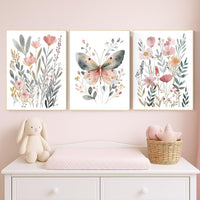 Watercolor Butterfly Floral Print: Pastel Nursery Wall Art