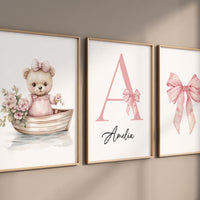 Personalized Baby Girl Nursery Art: Floral Bear in Boat Print