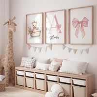Personalized Baby Girl Nursery Art: Floral Bear in Boat Print