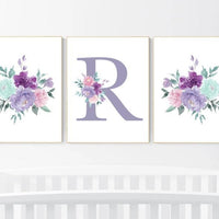 Floral Nursery Art Print: Boho Girl Room Decor, Purple Teal Flowers
