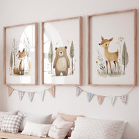 Woodland Animal Nursery Prints – Fox, Bear & Deer Wall Art – Neutral Baby Room Decor – Forest Animal Set – Unisex Nursery Wall Set