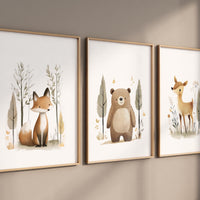 Woodland Animal Nursery Prints – Fox, Bear & Deer Wall Art – Neutral Baby Room Decor – Forest Animal Set – Unisex Nursery Wall Set