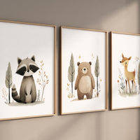 Woodland Nursery Prints: Raccoon, Bear & Deer - Neutral Animal Trio