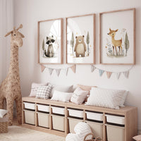 Woodland Nursery Prints: Raccoon, Bear & Deer - Neutral Animal Trio