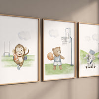 Sports Nursery Prints: Football Monkey, Basketball Bear, Golf Zebra