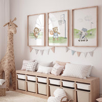 Sports Nursery Prints: Football Monkey, Basketball Bear, Golf Zebra