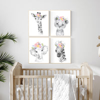 Floral Safari Animal Nursery Print: Pink Elephant Decor