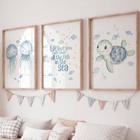Watercolor Sea Animal Nursery Art: Jellyfish & Turtle Prints