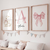 Duck and Bow Nursery Wall Art - Personalized Baby Girl Name & Initial Set - Pink Bow Farm Animal Prints - Baby Girl Room Decor