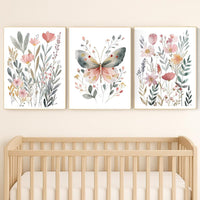 Watercolor Butterfly Floral Print: Pastel Nursery Wall Art