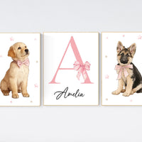 Personalized Puppy Nursery Art: Pink Bow Golden Retriever & German Shepherd - Girl Room Decor