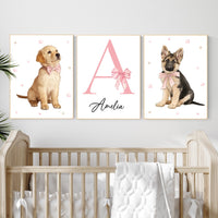 Personalized Puppy Nursery Art: Pink Bow Golden Retriever & German Shepherd - Girl Room Decor