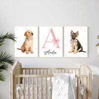 Personalized Puppy Nursery Art: Pink Bow Golden Retriever & German Shepherd - Girl Room Decor