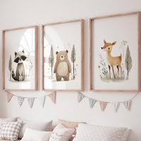 Woodland Nursery Prints: Raccoon, Bear & Deer - Neutral Animal Trio