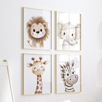 Safari Nursery Wall Art – Lion, Elephant, Giraffe, Zebra Prints – Set of 4 Jungle Animal Posters – Neutral Baby Room Safari Decor