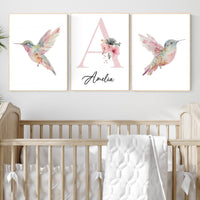 Personalized Hummingbird Nursery Print: Watercolor Floral Name Art