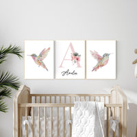Personalized Hummingbird Nursery Print: Watercolor Floral Name Art