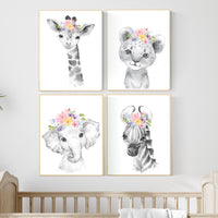 Floral Safari Animal Nursery Print: Pink Elephant Decor