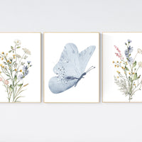 Blue Butterfly Wildflower Nursery Print: Watercolor Botanical Art