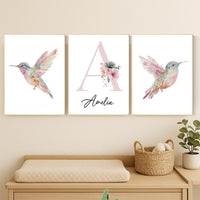 Personalized Hummingbird Nursery Print: Watercolor Floral Name Art