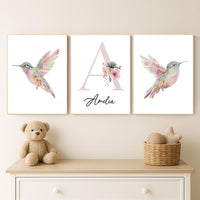 Personalized Hummingbird Nursery Print: Watercolor Floral Name Art