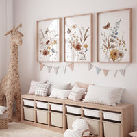 Wildflower Nursery Print Set: Rustic Botanical Art, Boho Butterfly Decor