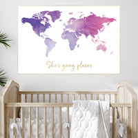 Girls Nursery World Map Poster: Pink, Purple, and Gold