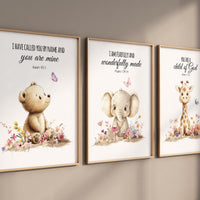 Christian Nursery Art Prints: Bear, Elephant, Giraffe Bible Verse Decor