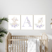 Purple Sheep Nursery Wall Art, Lavender Baby Girl Name Print, Farm Animal Nursery Decor, Custom Initial Floral Sheep Print Set