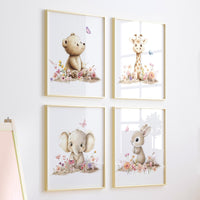 Boho Floral Nursery Art Prints: Woodland Safari Animals, Set of 4