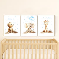 Boy Nursery Wall Art Set of 3 | Baby Bear, Elephant, Giraffe Prints | Blue Safari Animal Artwork | Woodland Jungle Baby Room Decor
