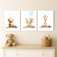 Boy Nursery Wall Art Set of 3 | Baby Bear, Elephant, Giraffe Prints | Blue Safari Animal Artwork | Woodland Jungle Baby Room Decor