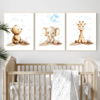 Boy Nursery Wall Art Set of 3 | Baby Bear, Elephant, Giraffe Prints | Blue Safari Animal Artwork | Woodland Jungle Baby Room Decor