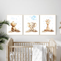 Boy Nursery Wall Art Set of 3 | Baby Bear, Elephant, Giraffe Prints | Blue Safari Animal Artwork | Woodland Jungle Baby Room Decor