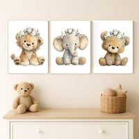 Floral Safari Nursery Wall Art Set of 3 | Lion, Elephant, Bear Prints with Flower Crowns | Boho Woodland Baby Girl Room Decor