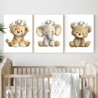 Floral Safari Nursery Wall Art Set of 3 | Lion, Elephant, Bear Prints with Flower Crowns | Boho Woodland Baby Girl Room Decor