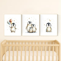 Penguin Nursery Art Prints - Gender Neutral Baby Room Decor Set