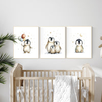 Penguin Nursery Art Prints - Gender Neutral Baby Room Decor Set