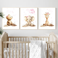 Pink Safari Animal Nursery Art, Baby Bear, Elephant, Giraffe Prints