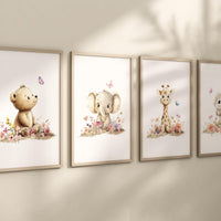 Boho Floral Nursery Art Prints: Woodland Safari Animals, Set of 4