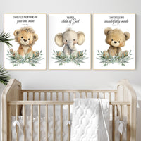 Plush Safari Animal Bible Verse Wall Art – Elephant Giraffe Lion Nursery Prints, Scripture Art, Christian Baby Room Decor Set