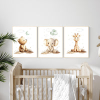 Nursery wall art animals, green nursery, gender neutral nursery, sage green, baby room decor, bear, elephant, giraffe, animal prints