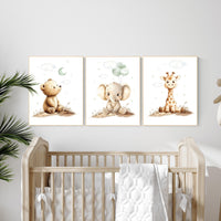 Nursery wall art animals, green nursery, gender neutral nursery, sage green, baby room decor, bear, elephant, giraffe, animal prints