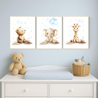 Boy Nursery Wall Art Set of 3 | Baby Bear, Elephant, Giraffe Prints | Blue Safari Animal Artwork | Woodland Jungle Baby Room Decor