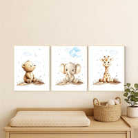 Boy Nursery Wall Art Set of 3 | Baby Bear, Elephant, Giraffe Prints | Blue Safari Animal Artwork | Woodland Jungle Baby Room Decor